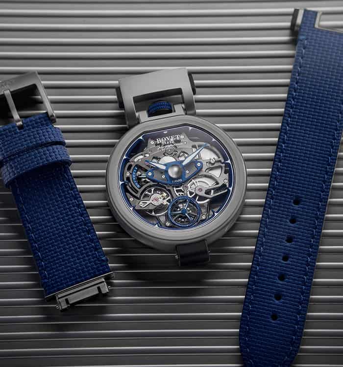 Exquisite Fleurier Aperto 1 timepiece with skeleton dial and blue strap design.