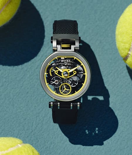 Luxurious Bovet Fleurier Aperto 1 timepiece with intricate skeleton design and yellow accents.