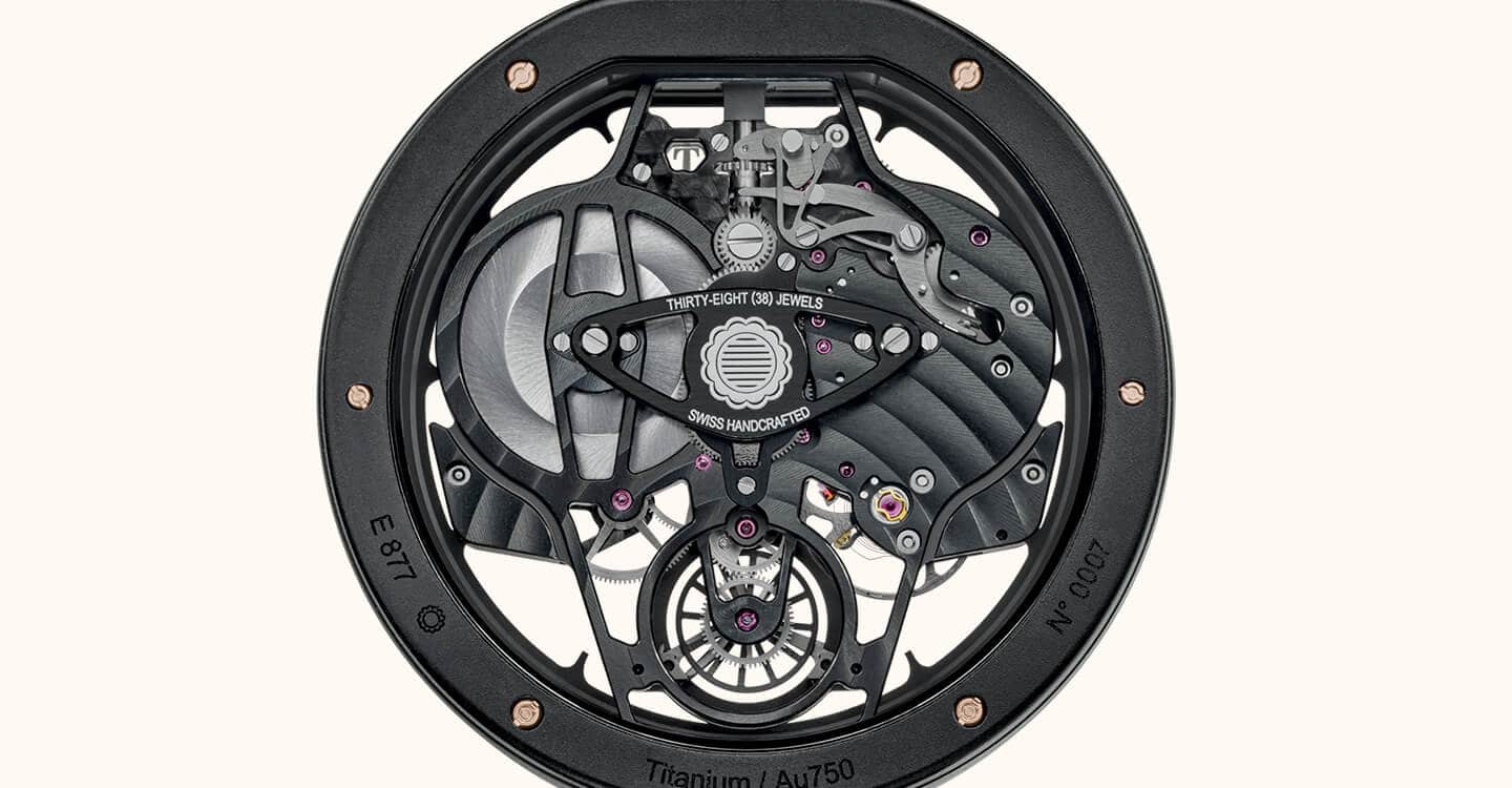 A stunning image of the Fleurier - Aperto 1 timepiece movement showcasing intricate mechanical detai.