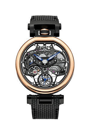 Exquisite Fleurier Aperto 1 timepiece with skeleton dial and rose gold bezel.