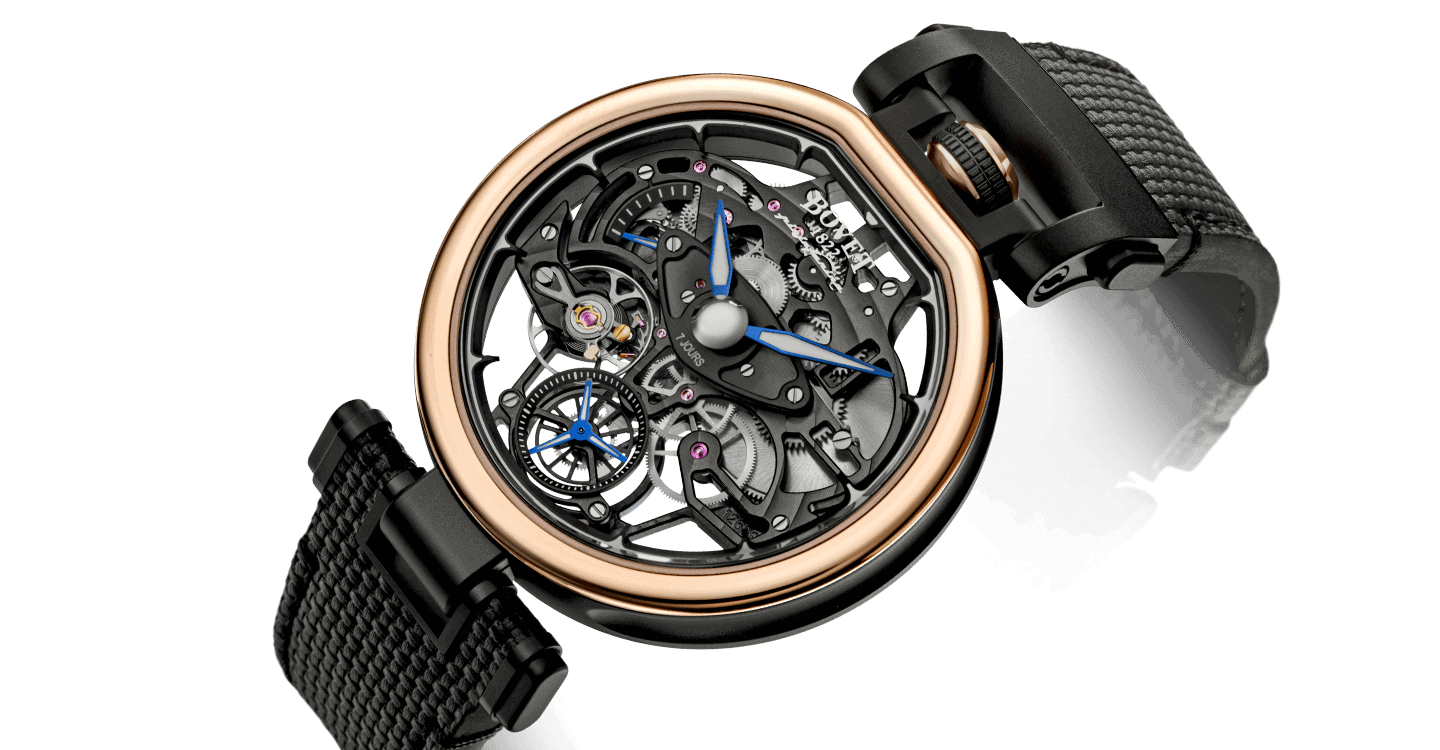 Exquisite Fleurier Aperto 1 timepiece with skeleton dial and rose gold bezel.