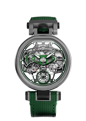 Luxurious Bovet Fleurier Aperto 1 timepiece with intricate skeleton design and green accents.