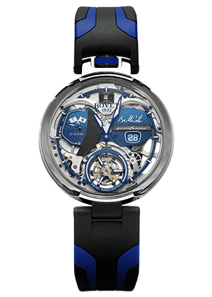 Exquisite Fleurier - Battista Tourbillon timepiece with intricate skeleton design and blue accents.