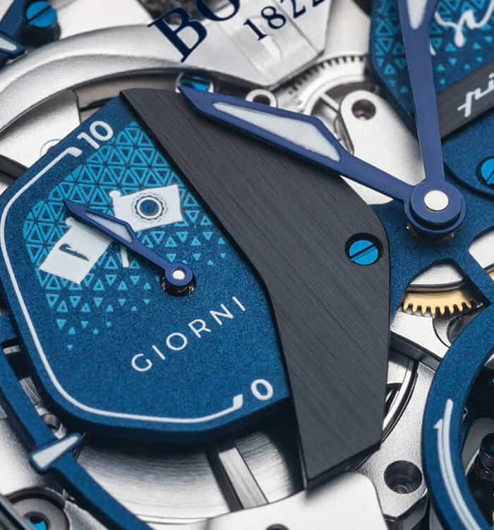 A detailed close-up of the Bovet Fleurier - Battista Tourbillon timepiece showcasing intricate dial.