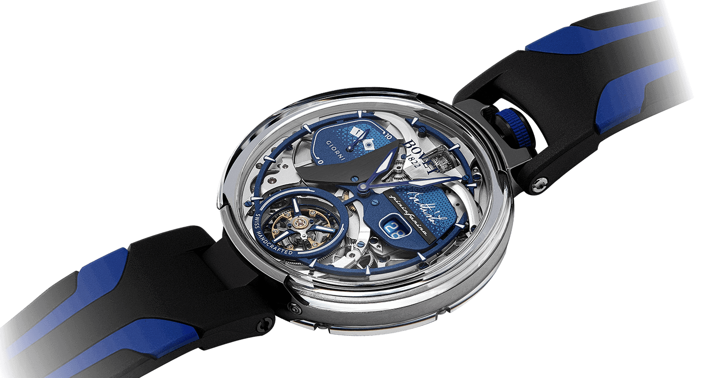 Exquisite Fleurier Battista Tourbillon timepiece with intricate skeleton design and blue accents.