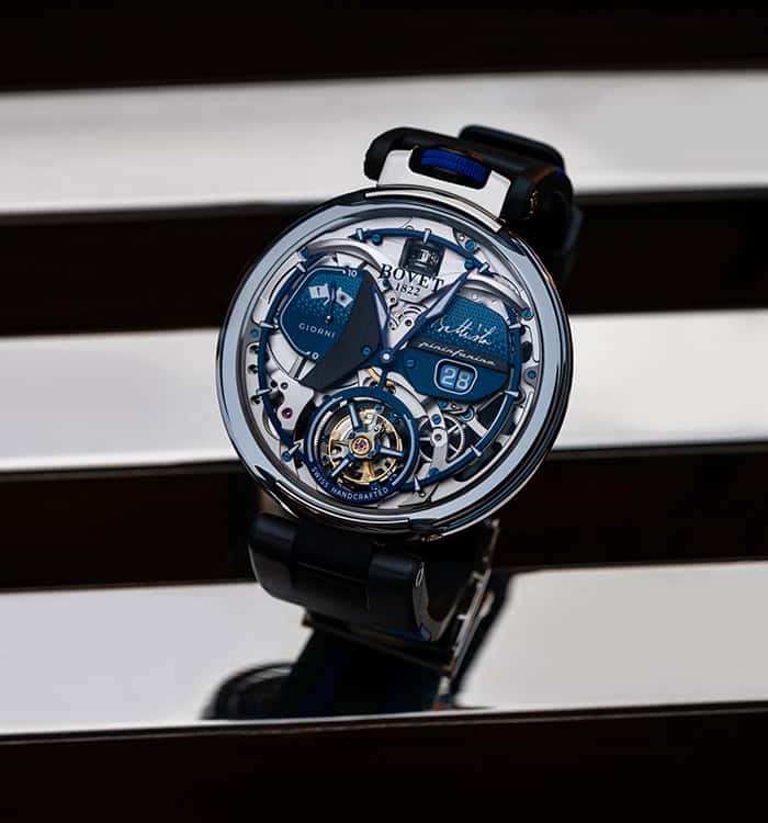 Luxurious Bovet Fleurier - Battista Tourbillon timepiece with intricate skeleton design and blue acc.