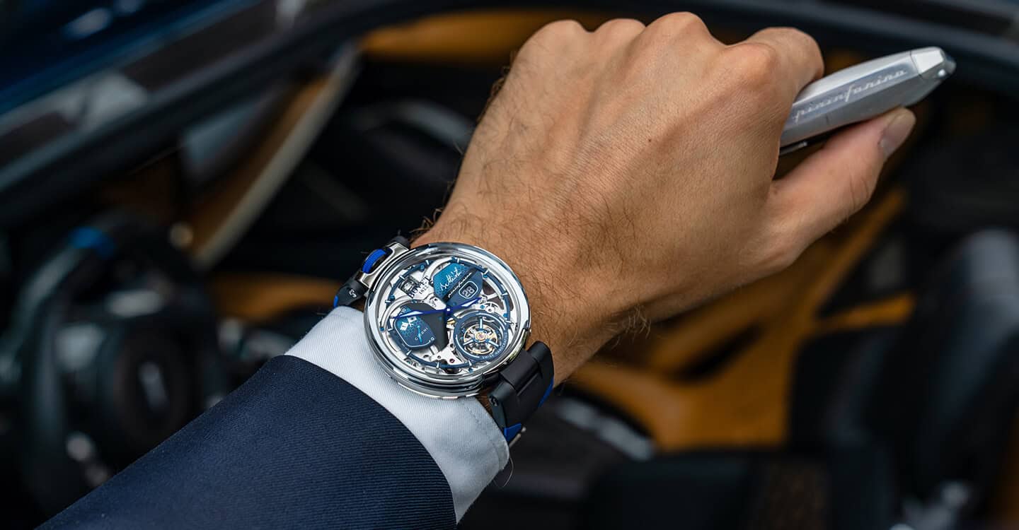 Luxurious Fleurier Bovet Battista Tourbillon timepiece on a man's wrist.