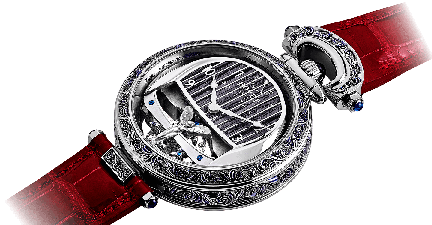 Luxurious Bovet timepiece with intricate engravings and red leather strap.