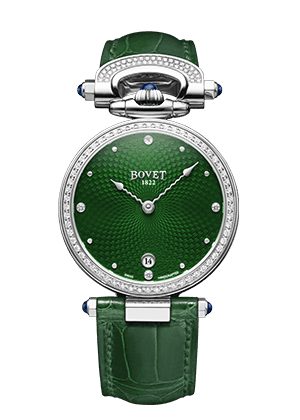 Elegant green-dial timepiece with diamond accents and leather strap.