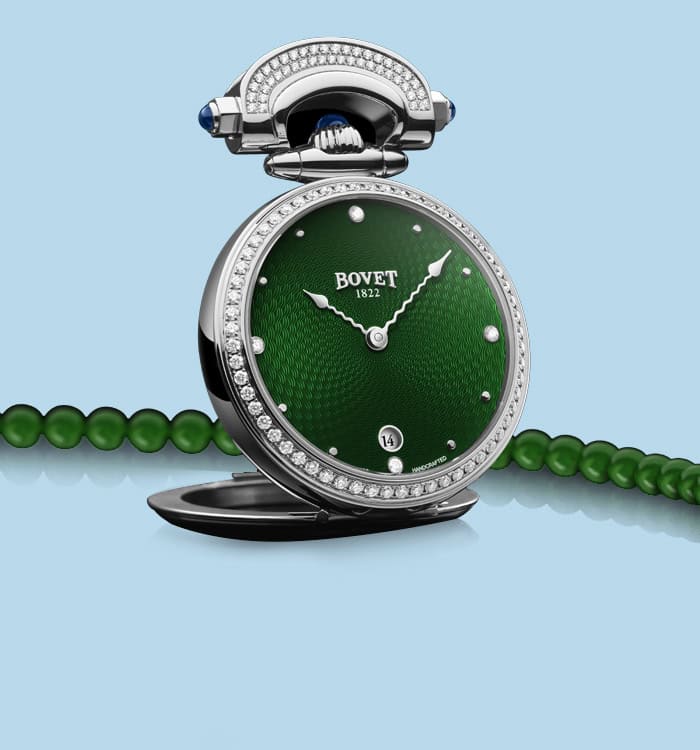 Elegant Bovet Fleurier Miss Audrey timepiece with a green dial and diamond accents, showcasing Swiss.