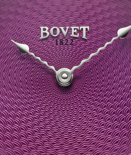 Elegant Bovet timepiece with intricate purple textured dial and silver hands, showcasing craftsmansh.
