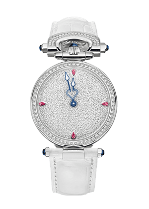 Elegant Fleurier Miss Audrey timepiece featuring a diamond-studded dial and white leather strap, exe.