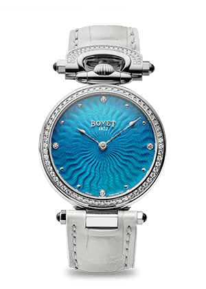 Elegant Bovet Fleurier Miss Audrey timepiece with a vibrant blue dial and diamond accents, showcasin.