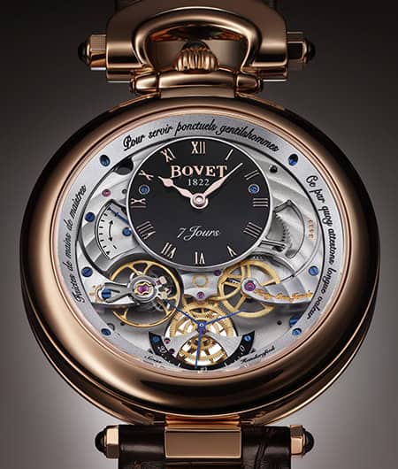 Luxurious Bovet Fleurier Monsieur Bovet timepiece with intricate skeleton design and gold accents.