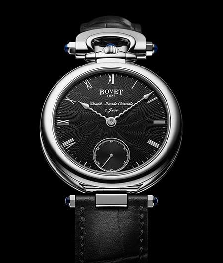 Elegant Bovet Fleurier timepiece with black dial and Roman numerals, refined craftsmanship.