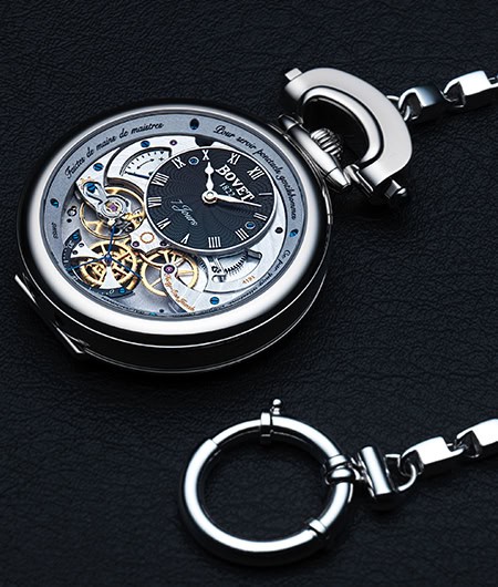 Luxurious Bovet timepiece with intricate skeleton design and elegant chain detail.