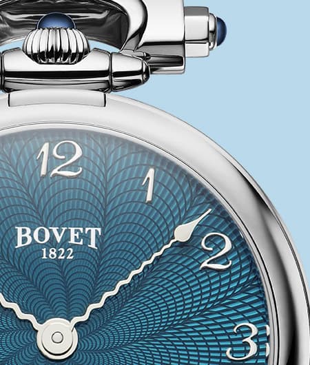 A detailed close-up of a Bovet timepiece showcasing intricate dial design and polished case, emphasi.