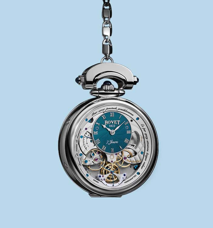 Elegant Bovet timepiece with intricate mechanical design and silver finish.