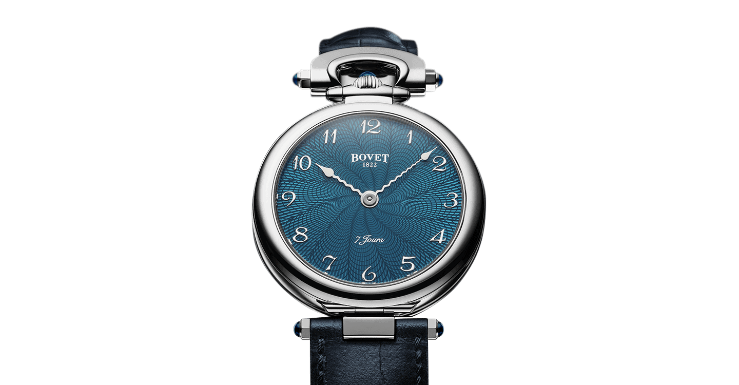 Elegant Bovet timepiece with intricate blue dial and polished case design.