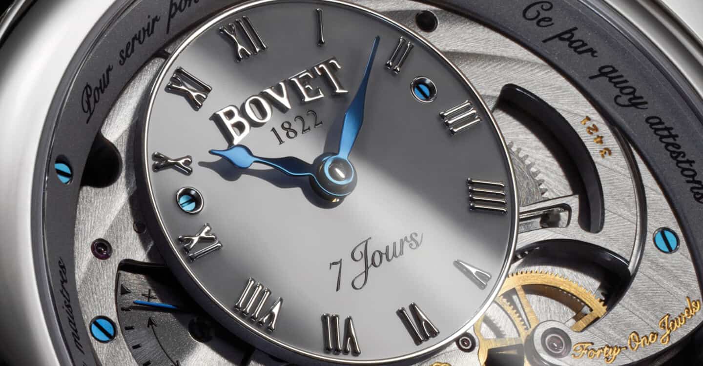 Exquisite Bovet timepiece with Roman numerals and intricate mechanical details.