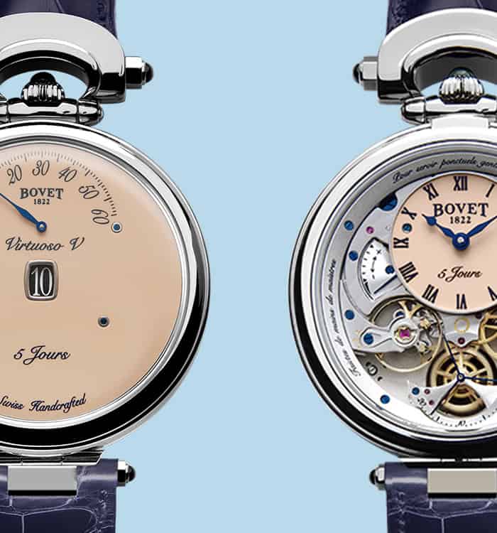 Elegant Bovet Fleurier Virtuoso V timepieces with intricate craftsmanship and classic design.