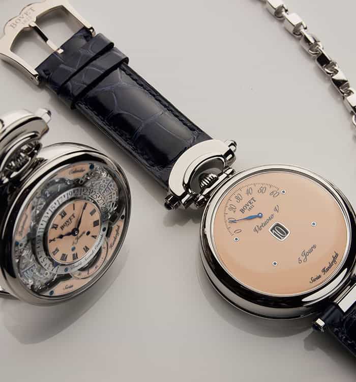 Luxurious Bovet Fleurier Virtuoso V timepiece with intricate dial details and leather strap.