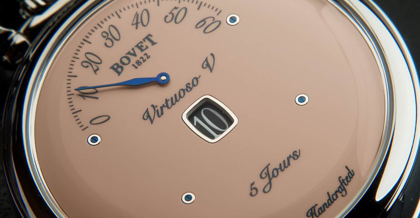 Elegant Fleurier Virtuoso V timepiece with beige dial and blue hand details.