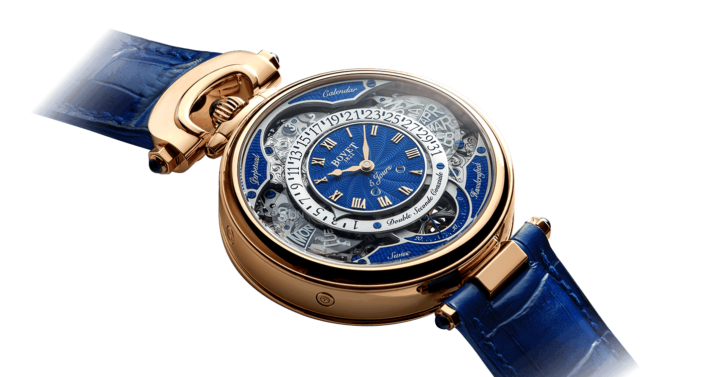 Luxurious Bovet Fleurier Virtuoso VII timepiece with blue dial and gold case.