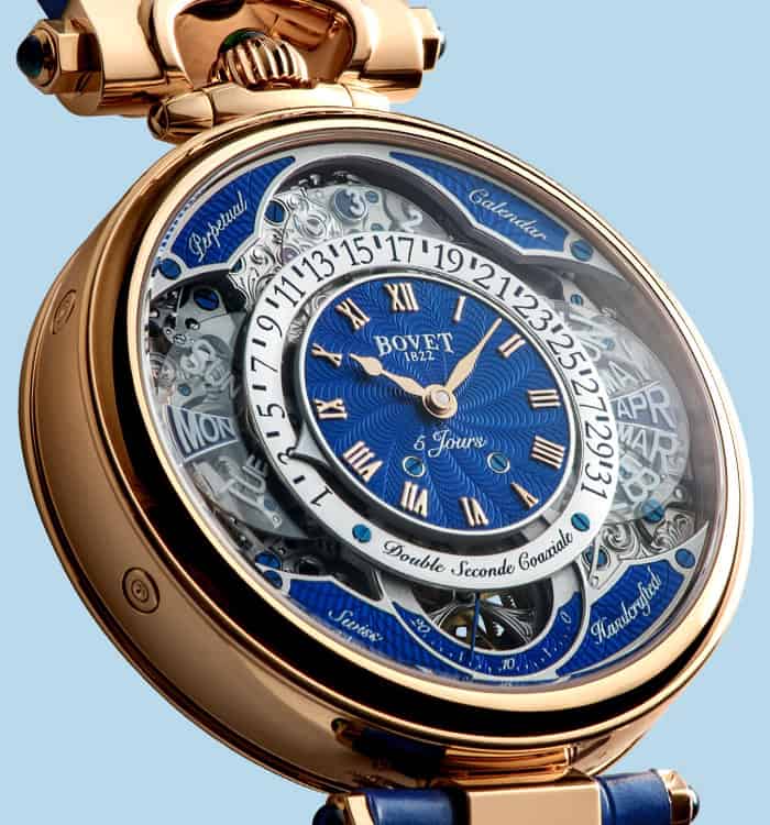 Luxurious Bovet Fleurier Virtuoso VII timepiece with intricate craftsmanship and blue accents.