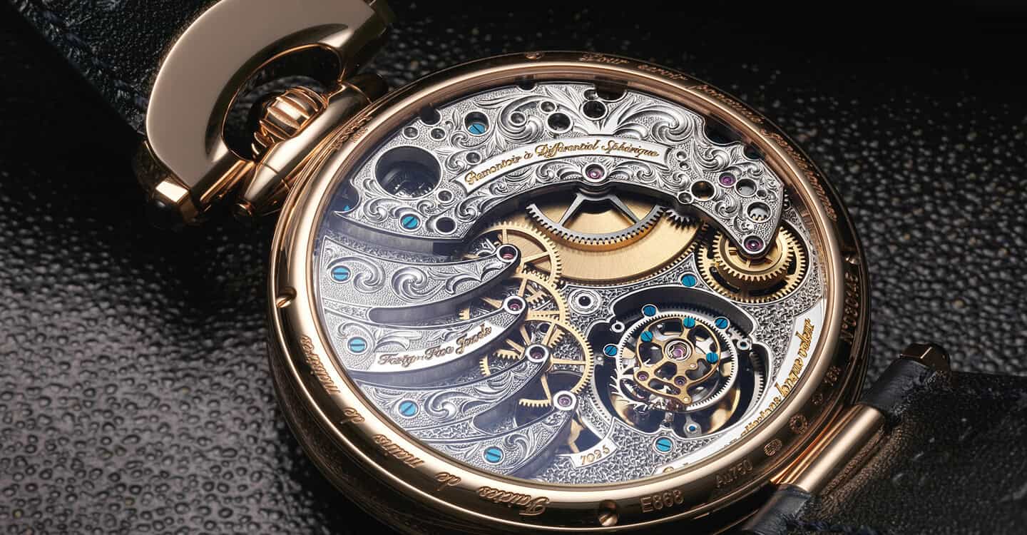 A detailed view of the intricate mechanical movement inside a luxurious Bovet timepiece.