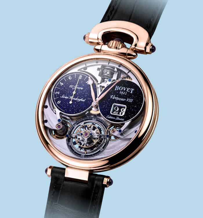 Luxurious Bovet Fleurier Virtuoso VIII timepiece with intricate skeleton design and rose gold case.