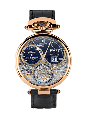 Luxurious Bovet Fleurier Virtuoso VIII timepiece with intricate craftsmanship and rose gold case.