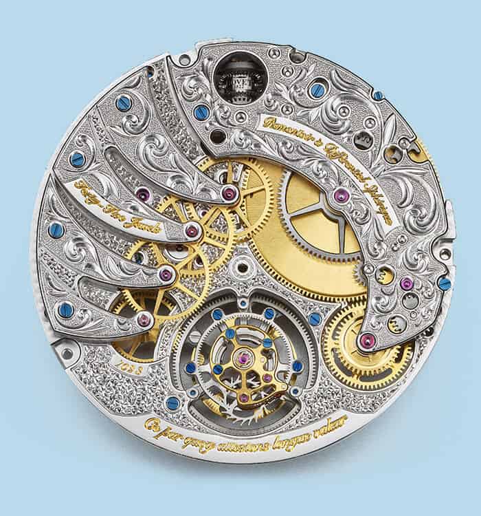 Intricate Fleurier Virtuoso VIII timepiece movement with detailed engravings and gold accents.