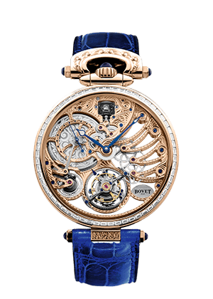 Exquisite Fleurier Virtuoso XI timepiece with intricate skeleton design and blue leather strap.