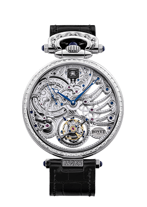 Exquisite Bovet Fleurier Virtuoso XI timepiece with intricate skeleton design and blue accents.