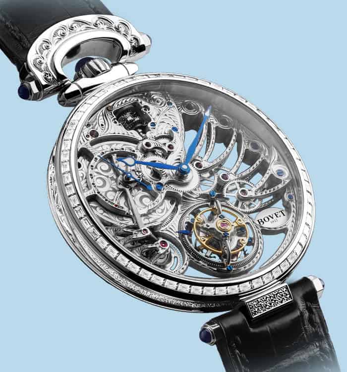 Exquisite skeletonized timepiece with intricate mechanical details and diamond accents.