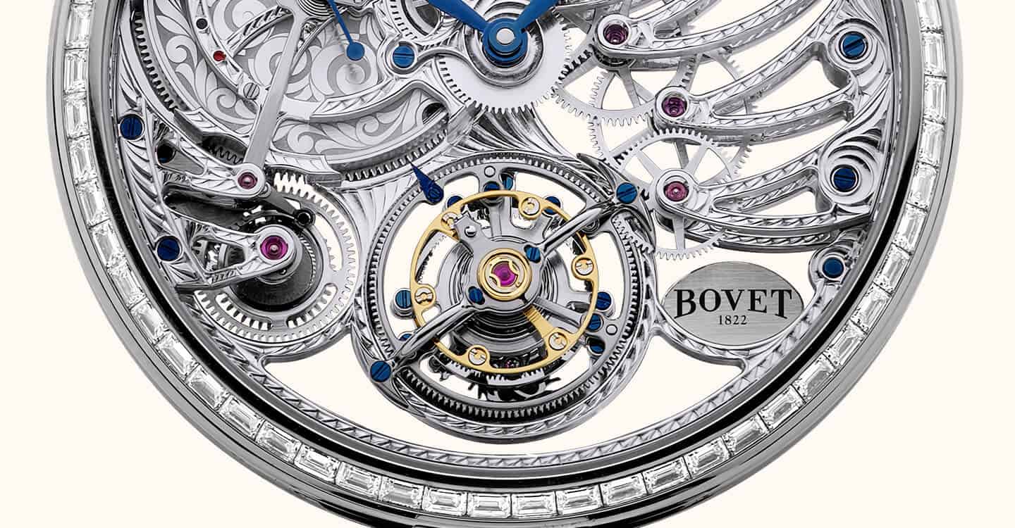 A detailed view of the intricate mechanical movement of a Bovet timepiece, showcasing craftsmanship.