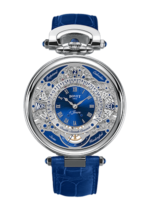 Luxurious Bovet Fleurier Virtuoso VII timepiece with intricate craftsmanship and blue accents.