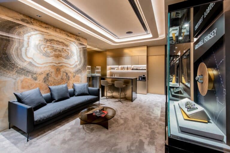 Luxurious Bovet timepiece display in elegant showroom at Marina Bay Sands.