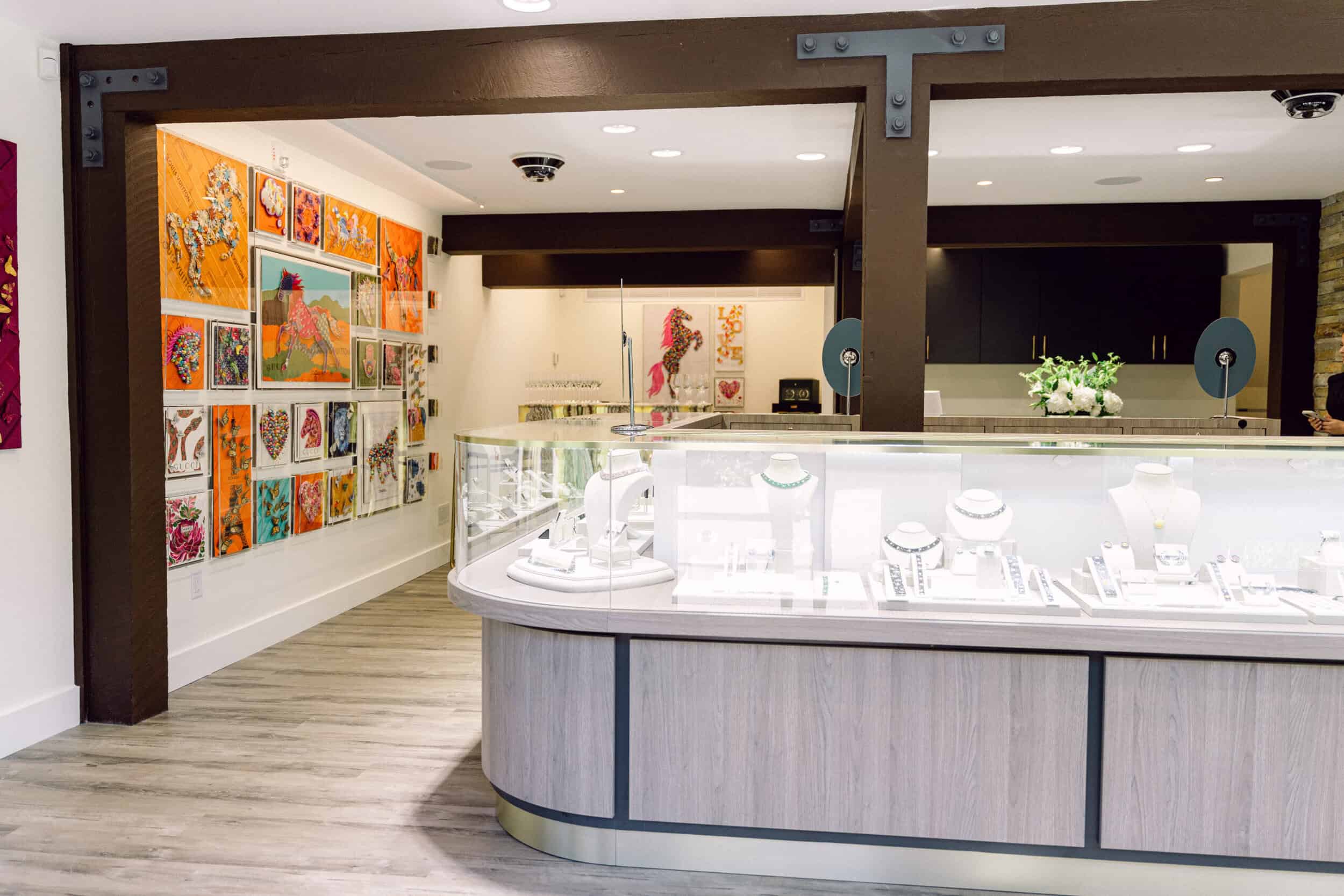 Elegant jewelry display at Naifeh Fine Jewelry Idaho with Bovet timepieces showcased.