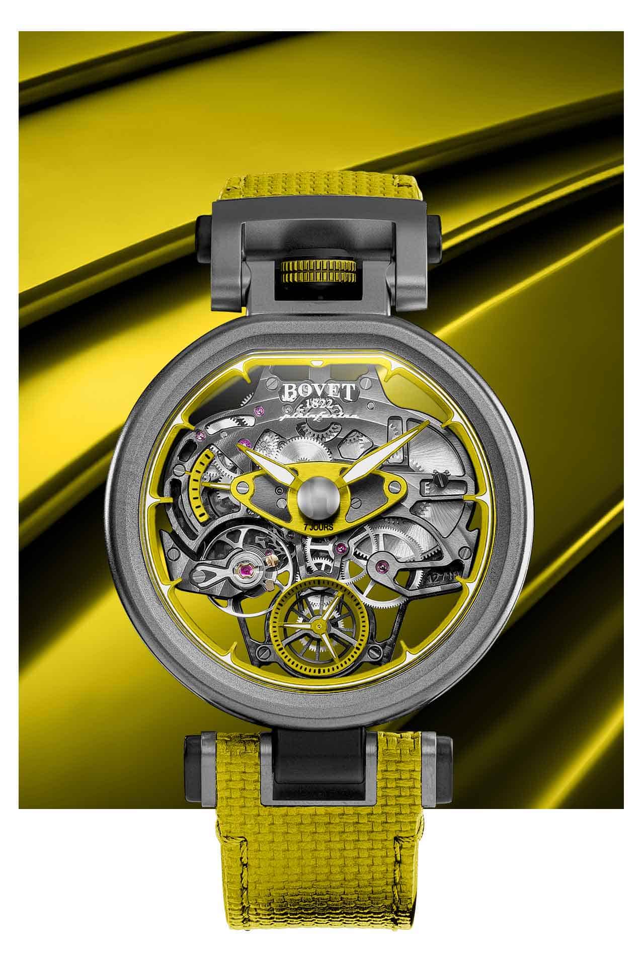 Exquisite skeletonized timepiece with yellow accents and modern design elements.