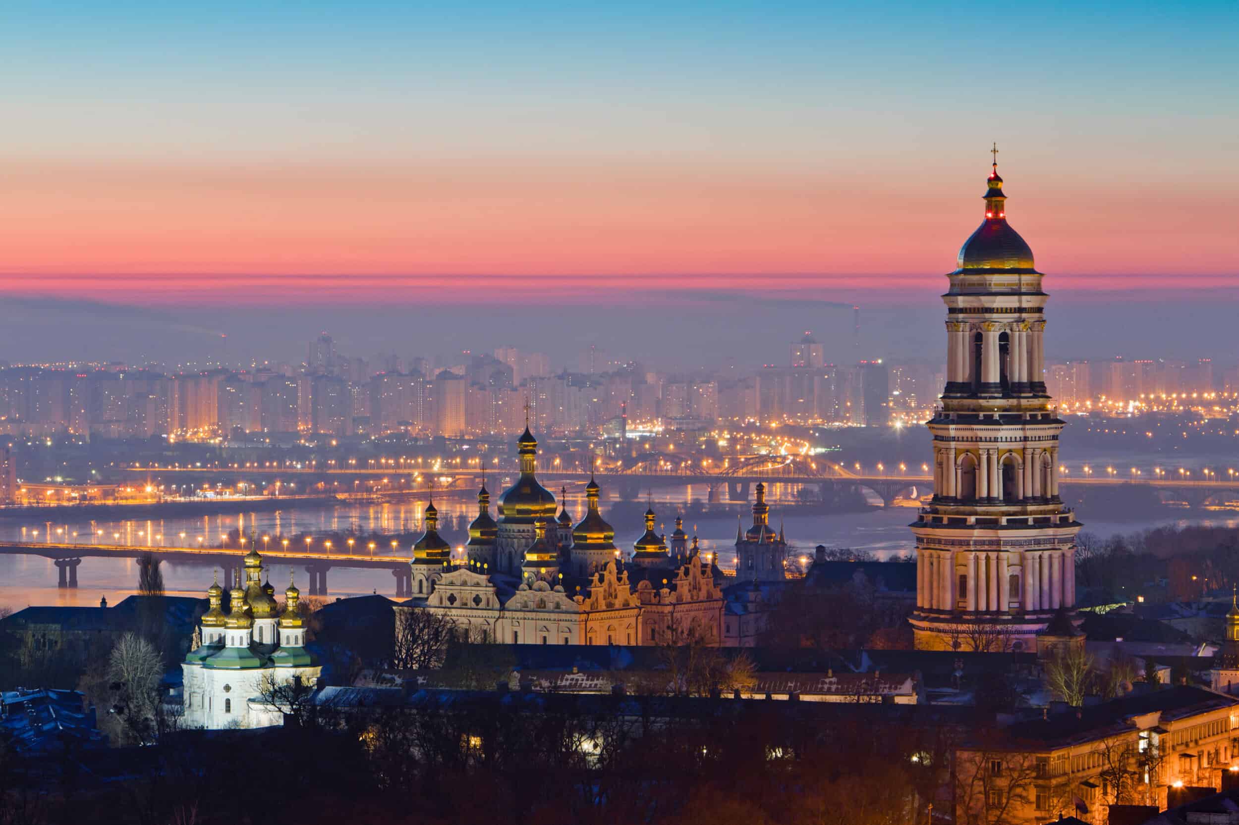 Aerial view at sunrise of the Kiev-Pechersk Lavra - one of the main symbol of Kiev, Ukraine