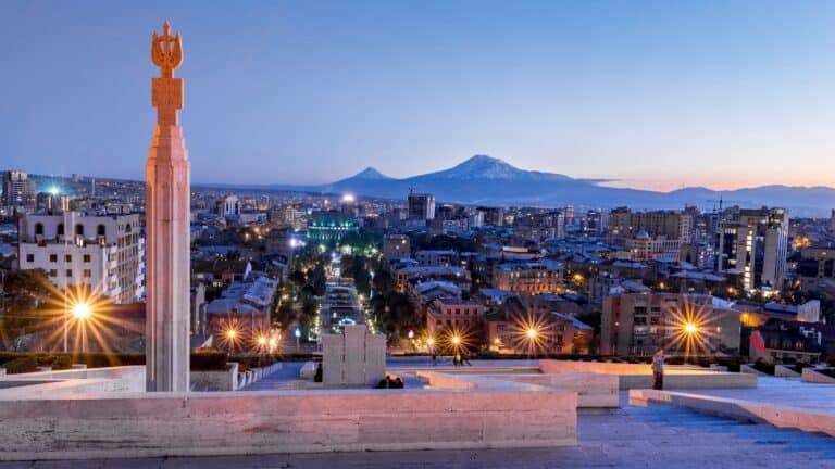 Yerevan city at the evening with Mt. Ararat