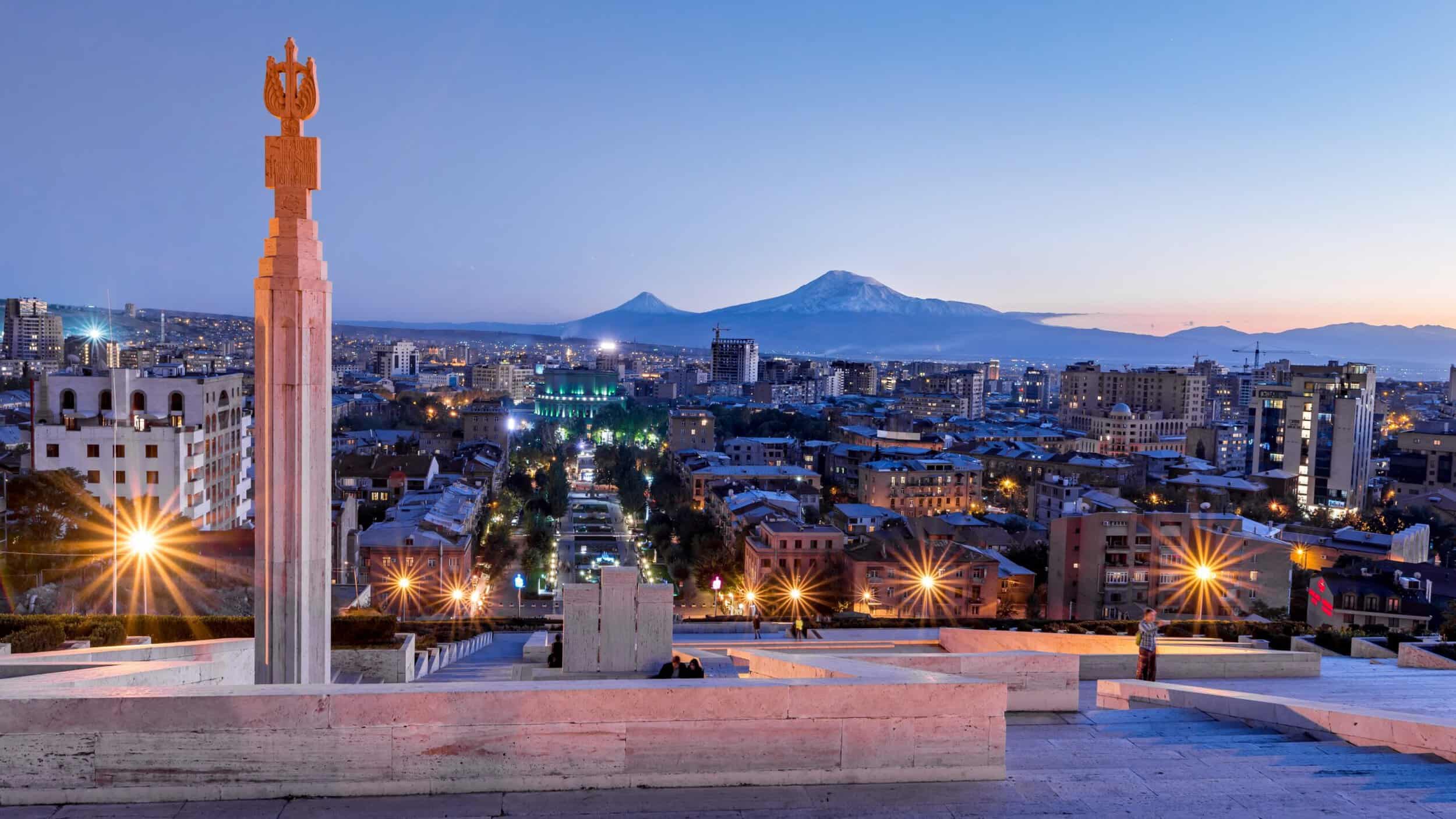 Yerevan city at the evening with Mt. Ararat