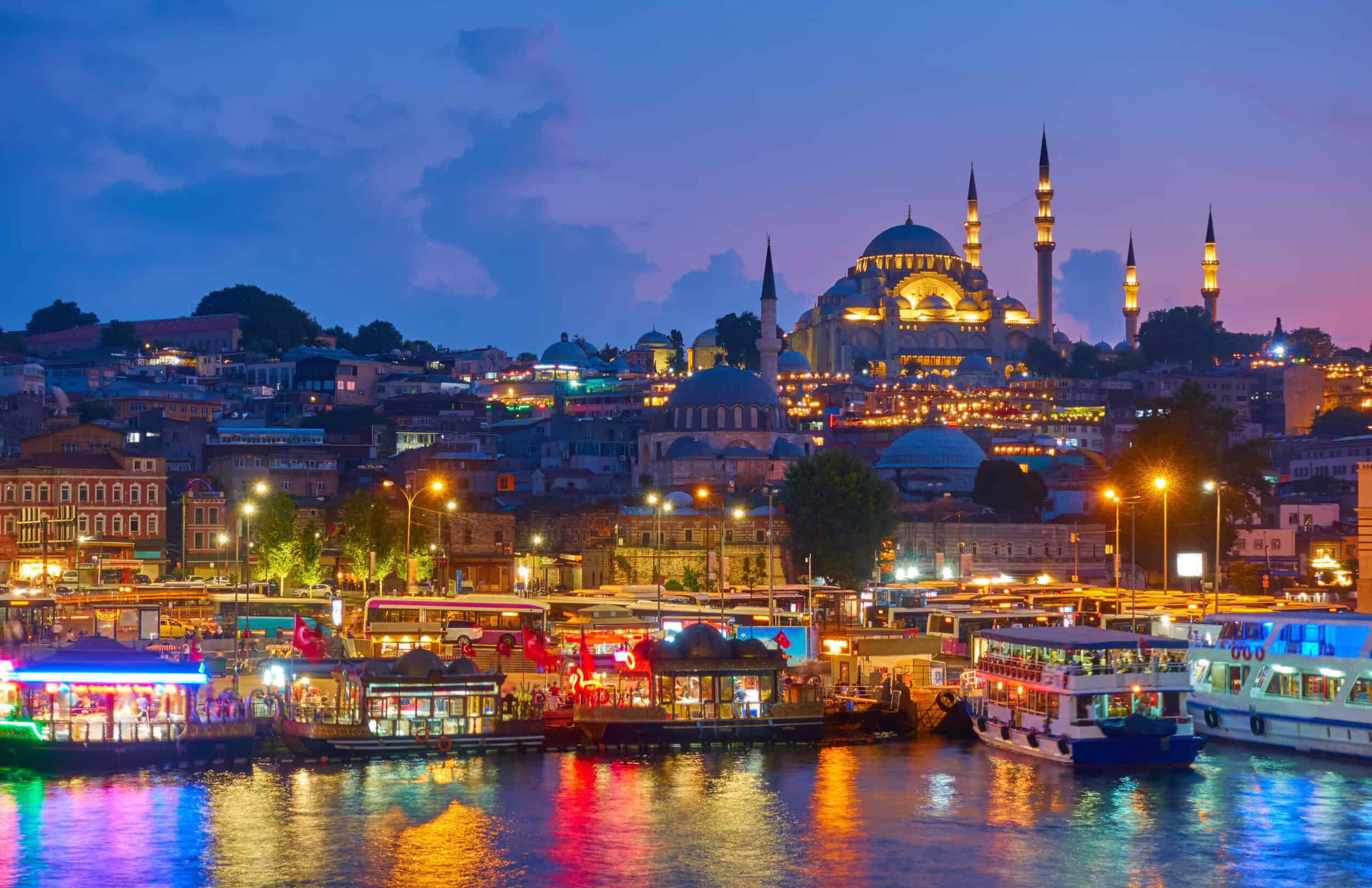 Elegant Istanbul skyline featuring the Blue Mosque illuminated at dusk, highlighting the intricate a.