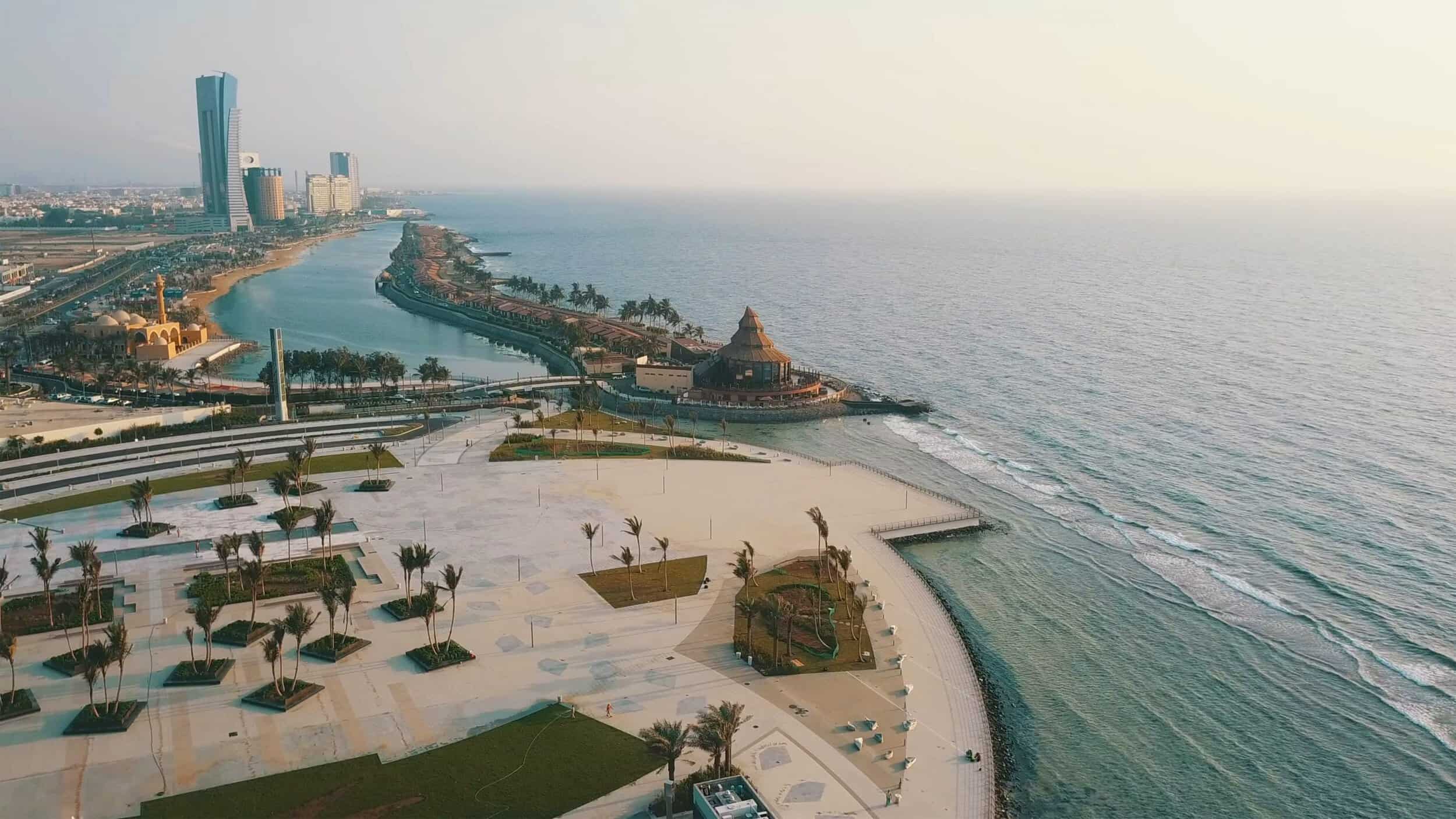 Scenic coastal cityscape in Saudi Arabia.