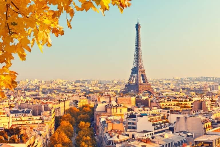 Paris skyline and Eiffel Tower in the background at sunset