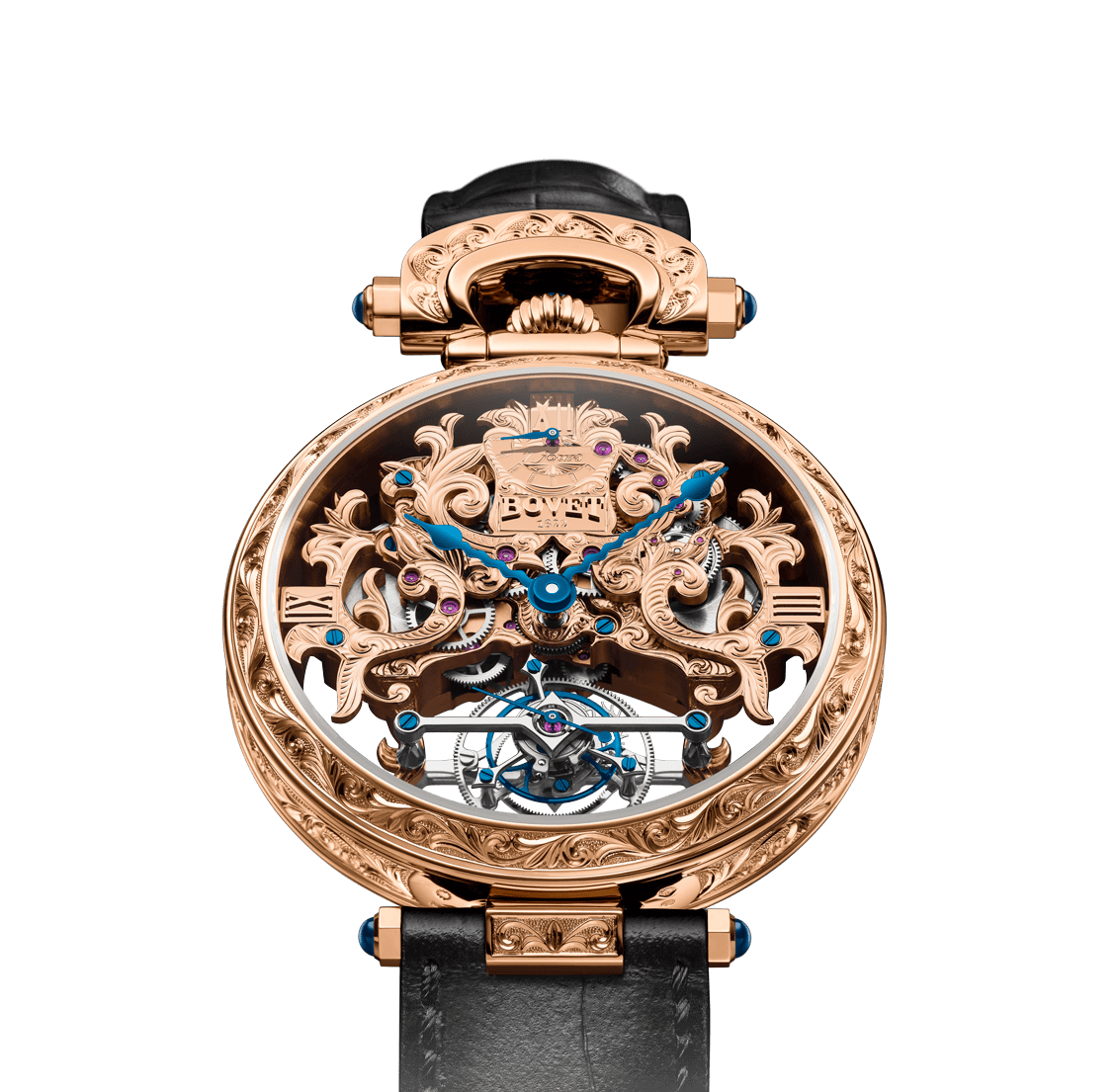 Luxurious Bovet timepiece with intricate skeleton design and rose gold finish.