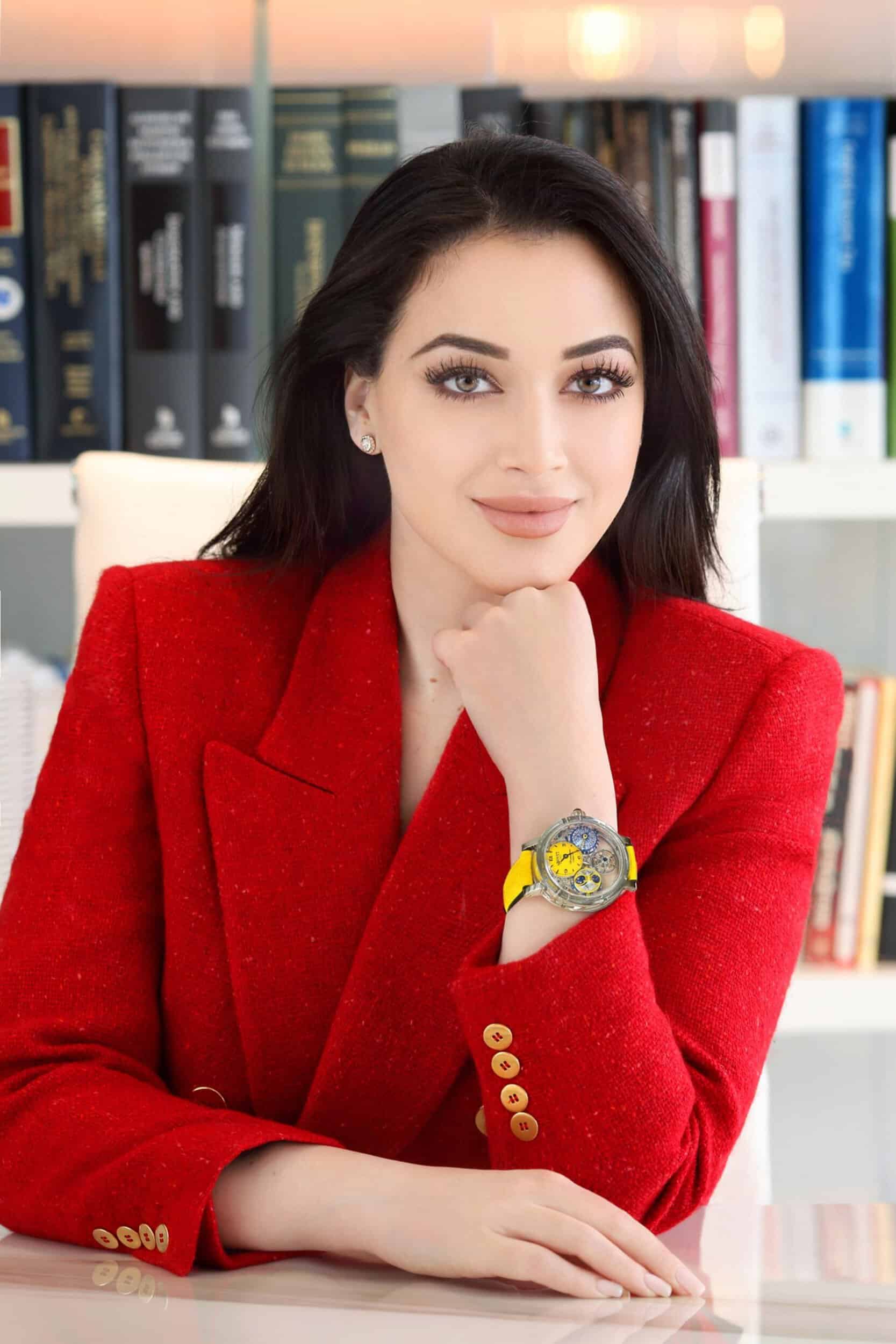 Elegant woman wearing a Bovet timepiece, showcasing luxury and craftsmanship in a professional setti.