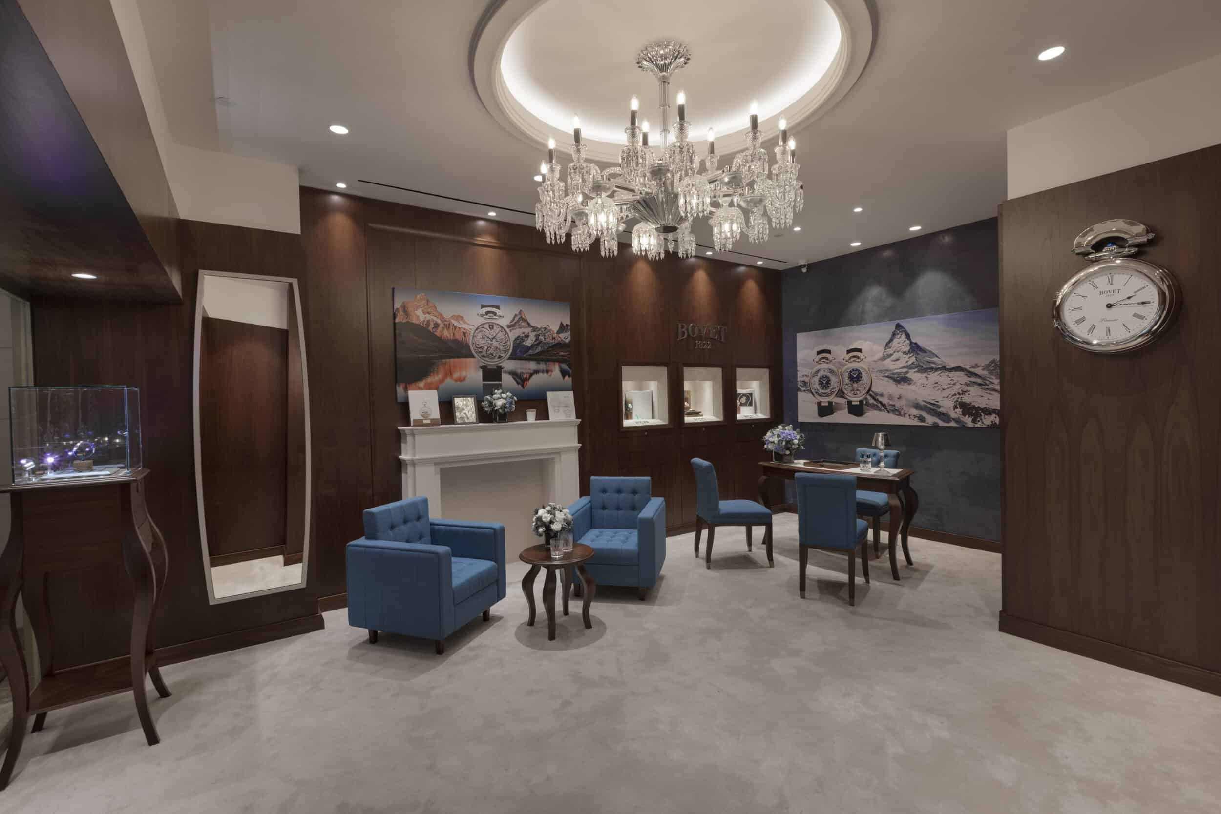 Elegant Bovet showroom interior featuring luxurious decor and a cozy seating area, highlighting exqu.